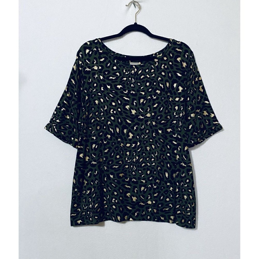Chicos 2 Womens Large Olive Green Cheetah Print Top Cuffed Sleeve Gold Foil Boho
